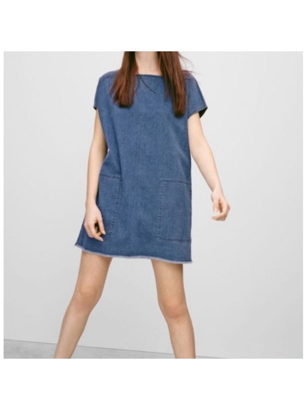 Aritzia Wilfred Free Nori Denim Mini Dress Boxy Shift Raw Hem 100% Cotton, XS